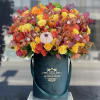Beautiful autumn arrangement with the cute velvet pumpkins in our signature green