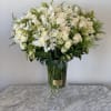 White arrangement in a tall glass vase
Comes with about 50 roses, stock