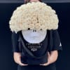 Standard 50 white roses in a signature velvet black box with Skeleton