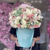 Mix flower arrangement in our turquoise velvet signature box with roses, dahlias