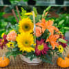 Autumn basket with beautiful fall flowers