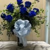 6 beautiful blue Roses arranged in a vase with greens, fillers and