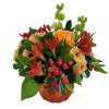Festive Fall arrangement design in a keepsake Glass Pumpkin. Full of fall