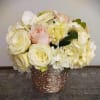 Order this precious fresh floral arrangement in pretty mosaic champagne color glass
