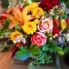 Textural mix of roses, cherry brandy roses, celosia, mums, seeded eucalyptus, lilies