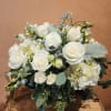 Classic and timeless design with lush hydrangea and white roses, spray roses