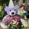fresh flowers in basket with bear and  small 4 inch ballon