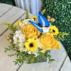 White Hydrangea, Yellow Roses, Viking Poms, Hypericum Berries, Solidago and Assorted Greens
