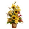 A Sunflower tin pot with is home to Sunflower, yellow Spray Roses