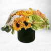 This beautiful arrangement showcases vibrant sunflowers, graceful anthuriums, striking pincushions, and delicate