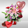 Recipe: Pink Lilies, Red Roses, Purple Stock, Red Gerbera Daisies, Pink Tulips
