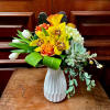 Recipe: Orange Roses, White Hydrangae, Cymdium Orchids, White Tulips, and green succulent