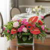 A bold yet romantic arrangement designed to captivate. Featuring striking red anthuriums