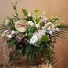 This lovely design has a tropical vibe! With Anthuriam, Dendrobium Orchids, Blush