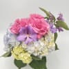 A mix of lavender hydrangea, roses, clematis and orchids. 
*Some orchids not