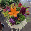 A mix of fall flowers makes a statement! Dahlias, Freedom roses, amaranth
