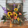 Multicolor fall arrangement in gold ceramic vase 