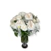 An elegant mix of ivory roses, white hydrangeas, and baby&rsquo;s breath. White