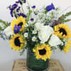 Sunflowers , White Roses, Blue Bells in 6x6&rdquo; glass vase 
