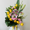 Arrangement with Yellow Roses, Lilis, carnations, foliage, green, ideal to surprise on