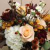 A different take on autumn.  Whites, rust, cranberry and peaches in
