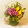 A wonderful mix of yellow Calla lilies, lavender roses, dusty miller, and