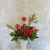 Beautiful garden style arrangement, with Dahlias, roses.