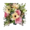 Sherbert gerbera daisies, lisianthus, soft pink large roses, pennycrest, rose hips and