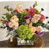 This is a beautiful Fall arrangement with green hydrangea, Dahlias, thistle, snapdragon