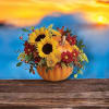  bouquet includes yellow sunflowers, yellow cushion spray chrysanthemums, red daisy spray