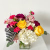 A spring bouquet of roses, hydrangea, carnations, and alstroemeria! 
Vase Style may