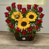 HEART DESIGN ROSES, SUNFLOWERS, LARGE BLACK BUCKET   .  