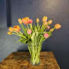 Beautiful vase, gorgeous special tulips and aspidistra. No frills. Just gorgeous clean