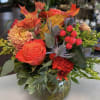 VIBRANT ROSES BERRIES LEAVES AND GREENERY IN A COMPACT  BUBBLE BOWL