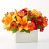 Step into autumn with fiery red and orange petals, expertly arranged to