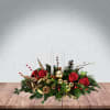 Red Roses, Christmas Greens, Cones, Red and White Berries, White Candles, Gold-Colored