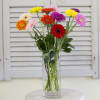 Tall arrangement of beautiful bright mixed colored gerberas with greens and bear