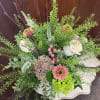 Mix of sweetness roses, autumn joy (Sedum), peach hypericum berries, zinnias, veronica