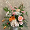 Type of Flowers: Peach Roses, Pink Hydrangeas, Pink Carnations, Orange Spray Roses