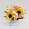 Wood box size 5&quot;x5&quot; with mixed flowers in peach, white and yellow.
