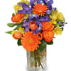 Tall Square Vase
Tangerine Aluminum Wire
Foliage: Galax Leaves, Variegated Pittosporum
Bicolored Circus Roses
Purple Monte