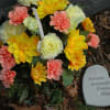 Silk floral in sturdy log planter in assorted spring colors. Combine with