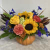 Fall&#039;s best! A ceramic pumpkin with sunflowers, roses, safari sunset, fall poms