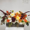 Fall colored flowers in a long and low box