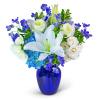 Our Blue Beauty flower design is meticulously created with hydrangea, lilies, Delphinium