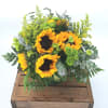 Introducing our cheerful and vibrant flower arrangement featuring sunflowers in a leaf-lined