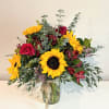 Bright &amp; cheerful sunflowers, red roses, yellow solidago, red alstroemeria, purple waxflower