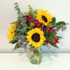 Bright &amp; cheerful sunflowers, red roses, yellow solidago, red alstroemeria, purple waxflower