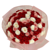 A captivating arrangement of lush roses in radiant red, delicate white, and