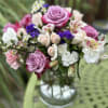 LARGE CYLLINDER VASE FULL OF ROSES, SPRAY ROSES, CARNATIONS, MINI CARNATIONS, ALSTROMERIA